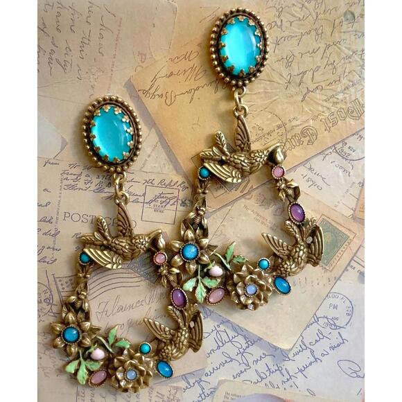 Jewelry - Hummingbird Flower Teardrop Dangle Earrings Teal Cabochon Statement Drop